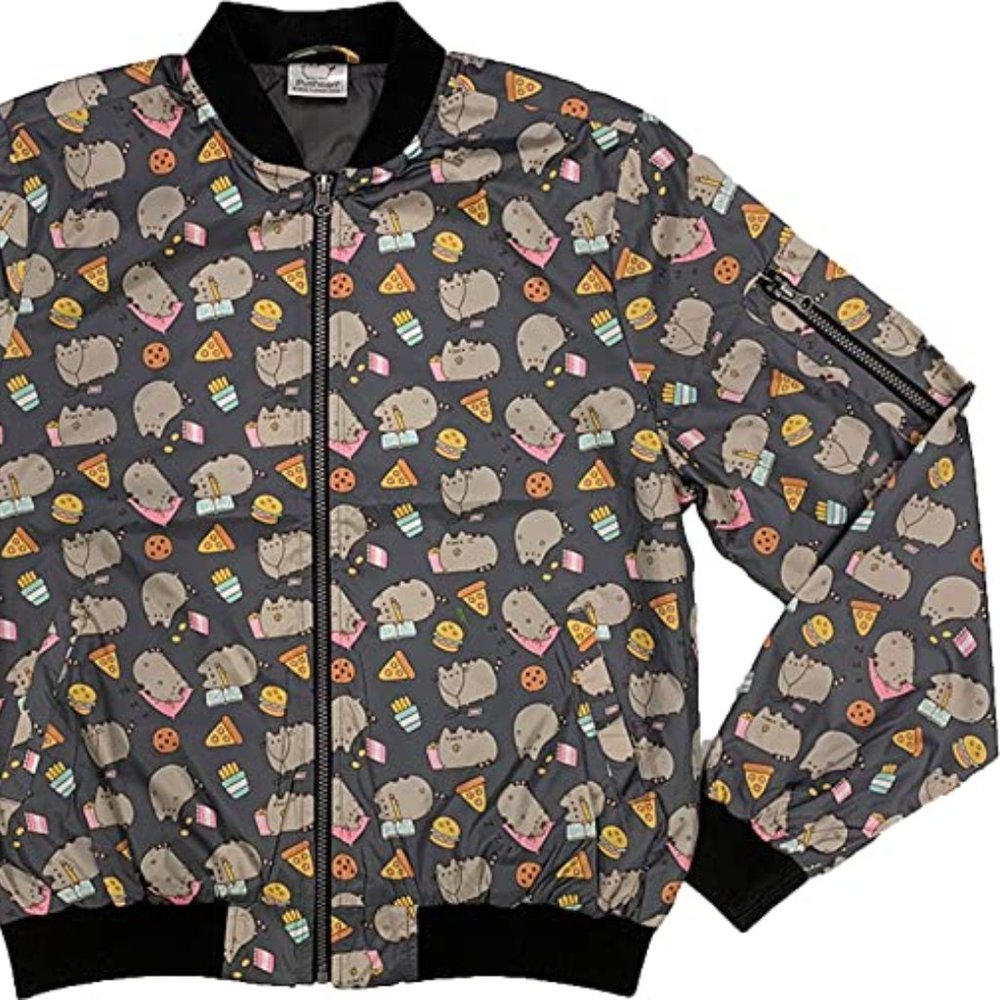 Pusheen pizza + snacks + books bomber windbreaker jacket, 3 pockets! kawaii